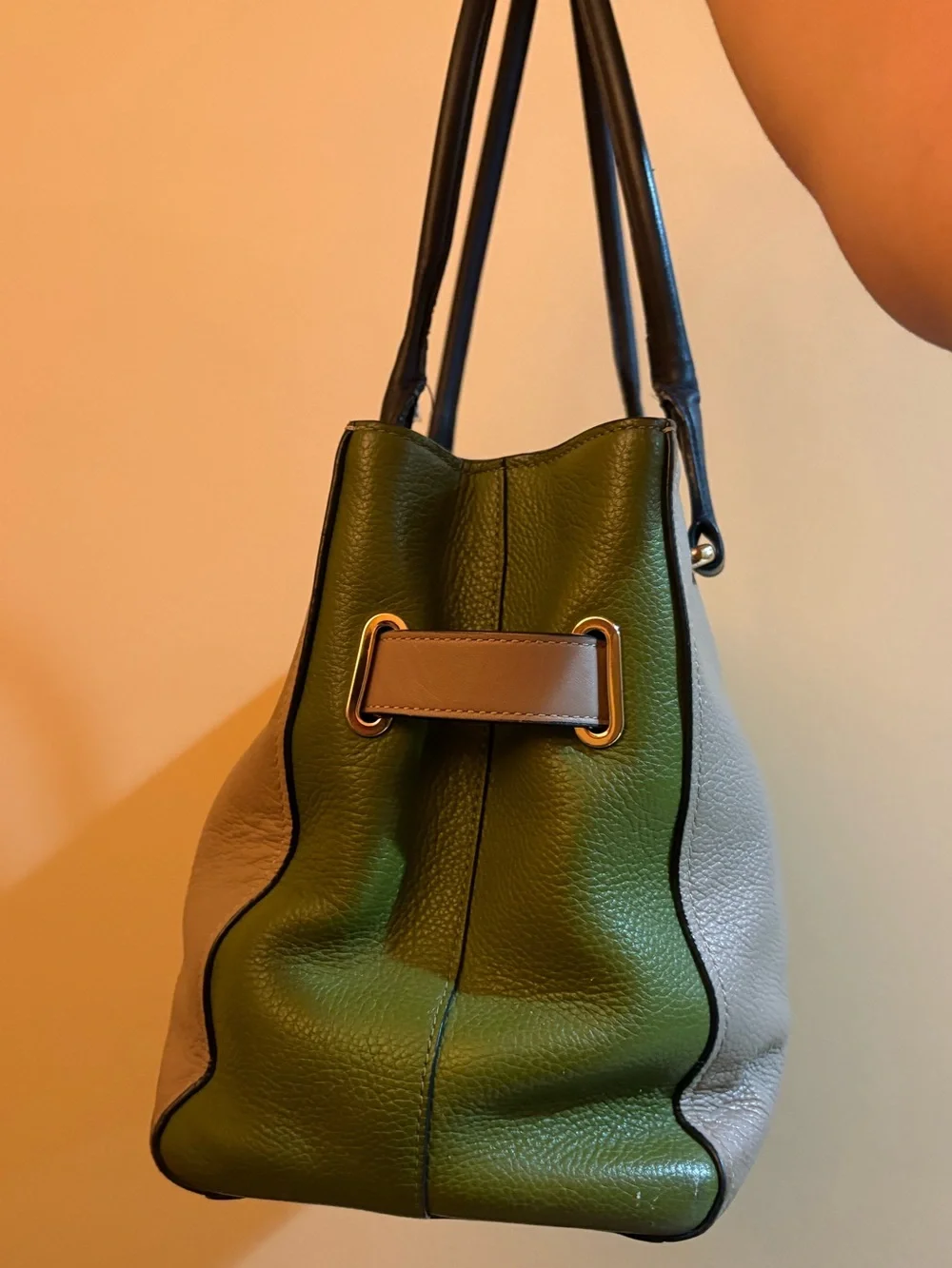 COACH leather colorblock handbag in olive/taupe/black